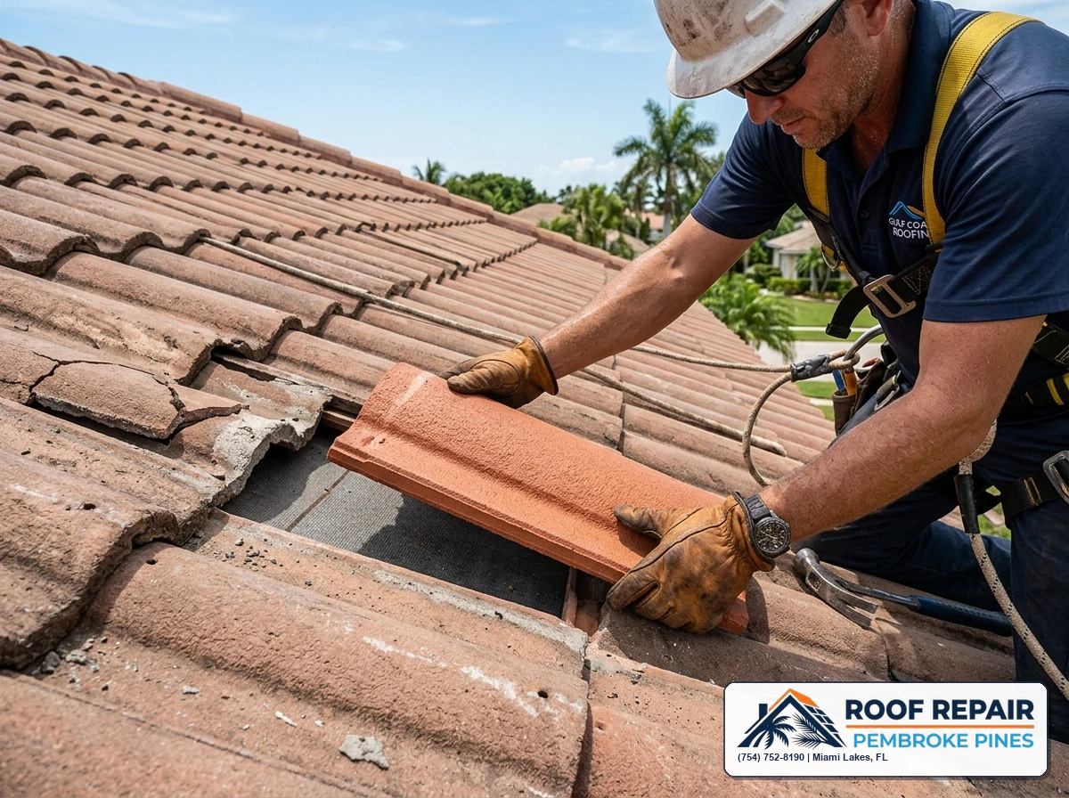 Lakefront residential homes in Miami Lakes Florida showing concrete barrel tile roofing systems with mature tropical landscaping