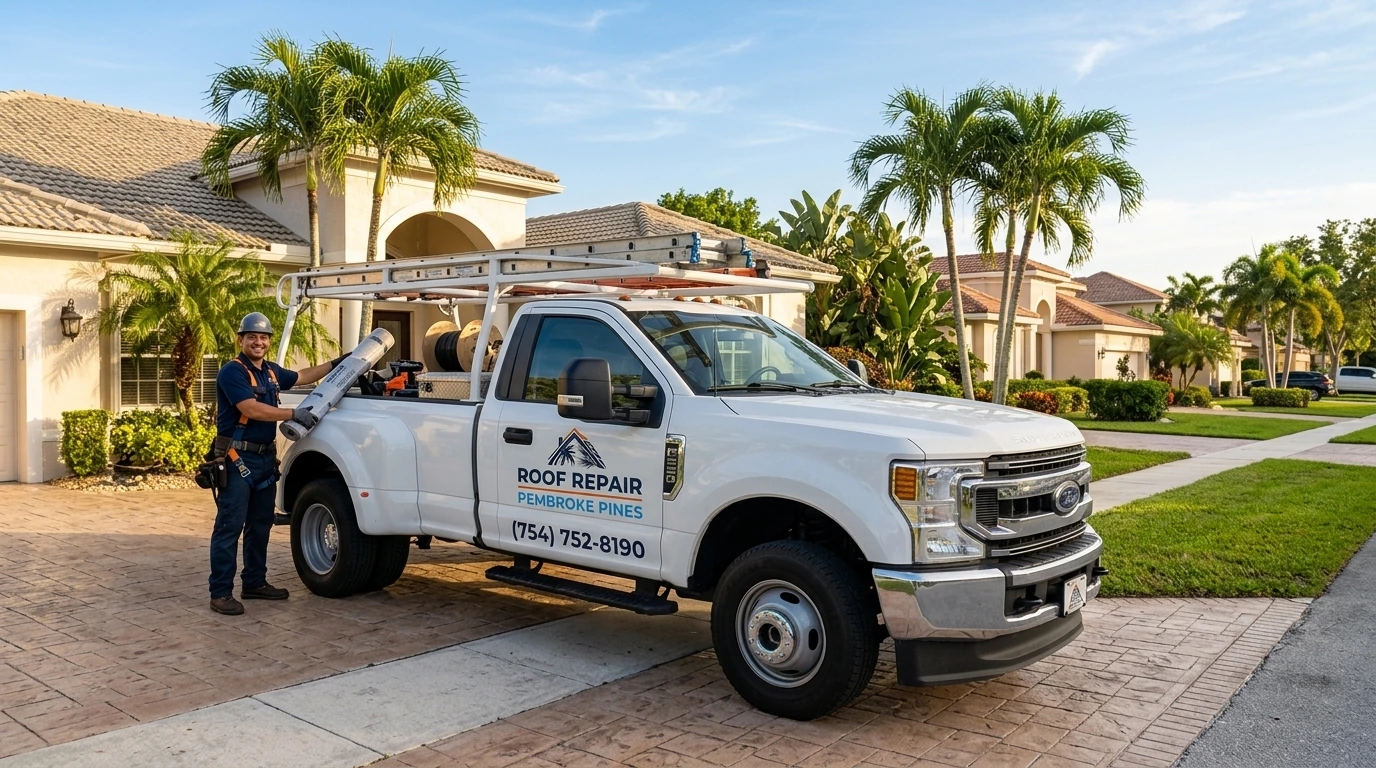 Damaged plywood roof deck section being removed and replaced during structural repair in Pembroke Pines FL