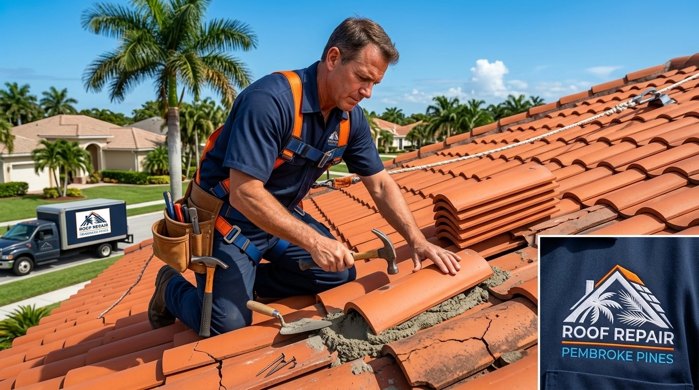 Professional roofer replacing cracked barrel tiles on a residential roof in Pembroke Pines FL
