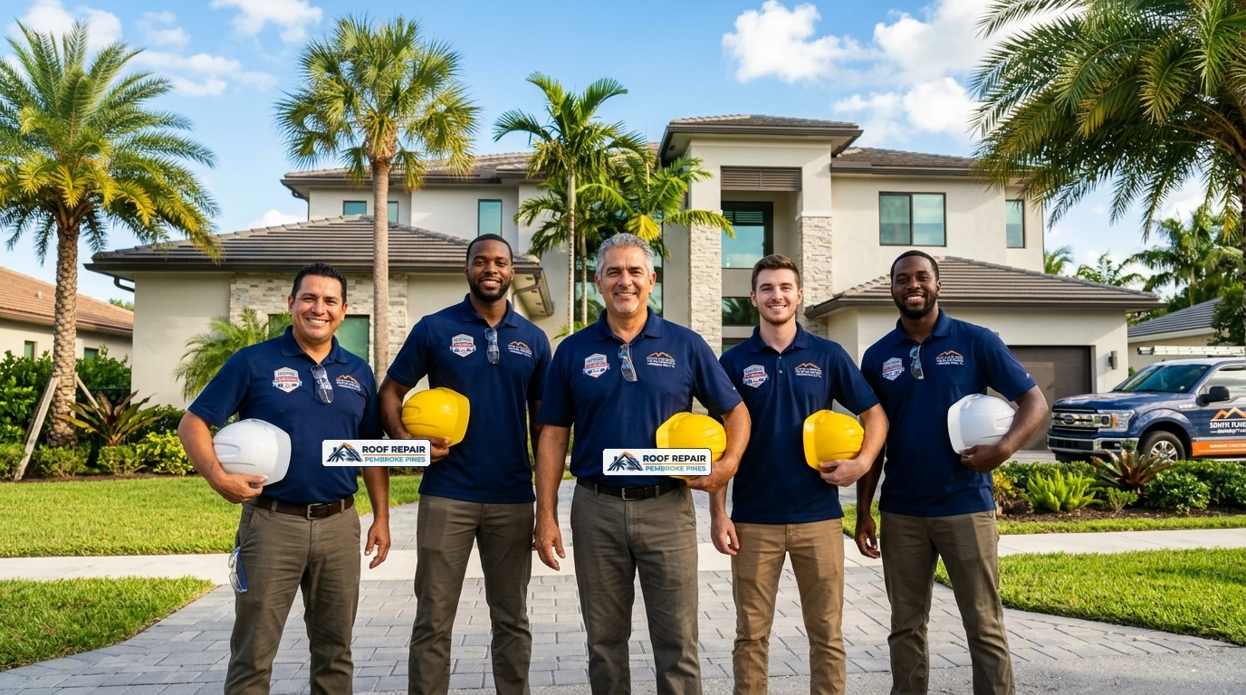 Professional roofer inspecting a tile roof in Pembroke Pines, FL