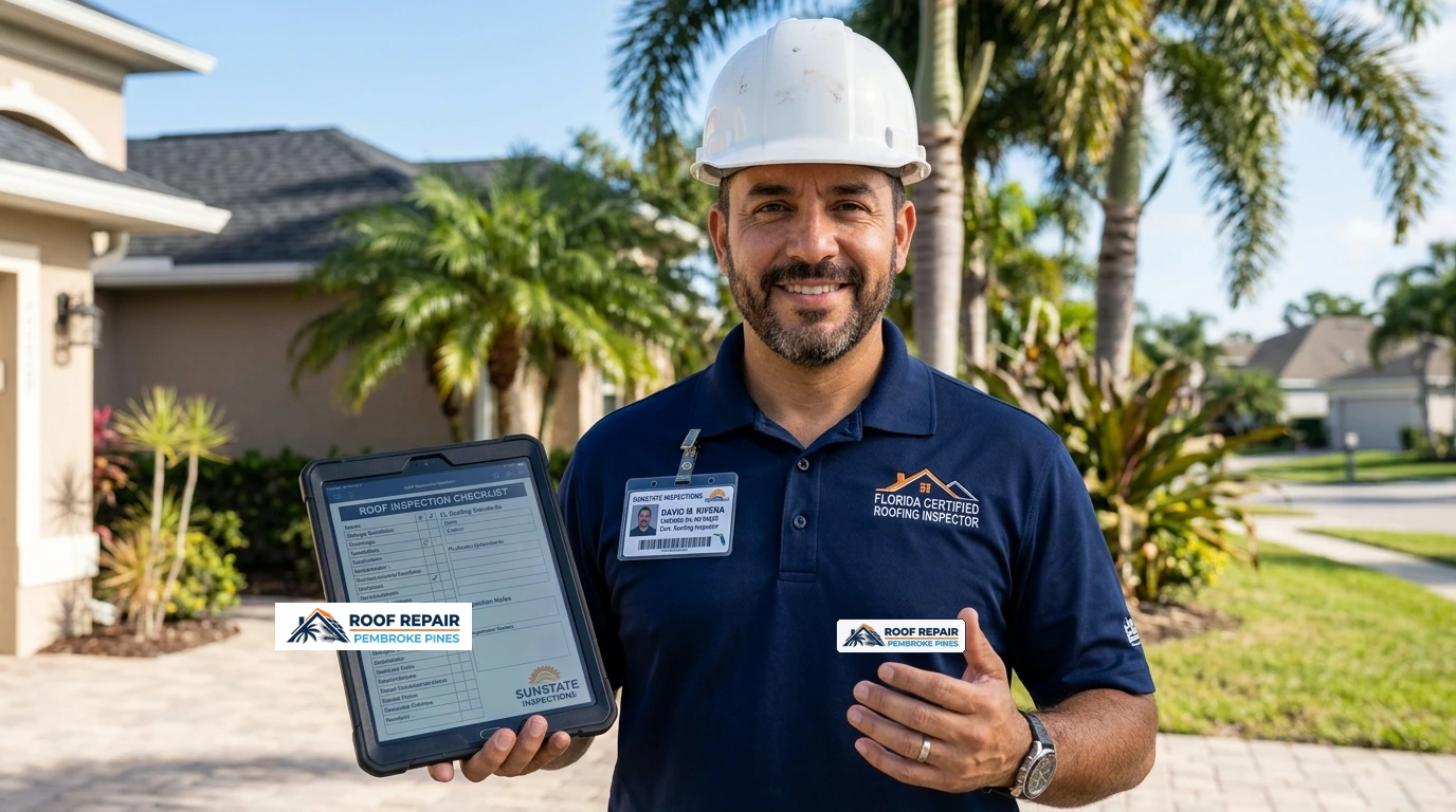 Roofer tracing a water leak path on a Pembroke Pines FL residential roof