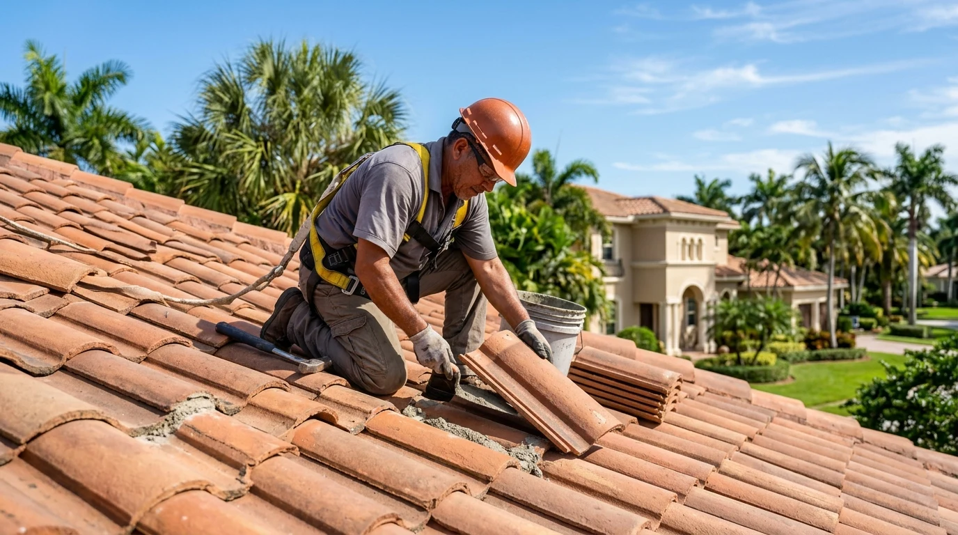 Before and after Spanish tile roof wind damage restoration and barrel tile reset in Pembroke Pines FL