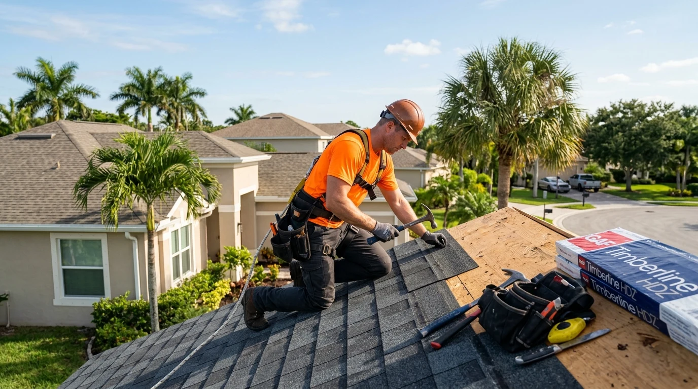 Before and after architectural asphalt shingle roof leak repair and decking fix in Pembroke Pines FL