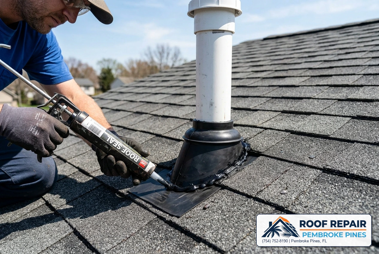 Close-up of a deteriorated rubber pipe boot being replaced on a residential roof in Pembroke Pines FL
