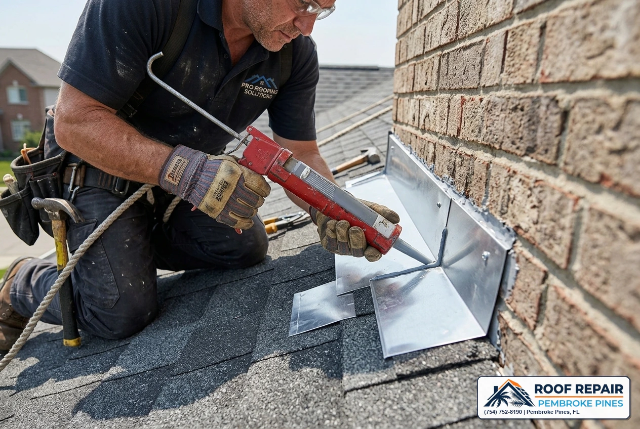 Professional roofer inspecting and repairing metal flashing at a roof-to-wall transition in Pembroke Pines FL