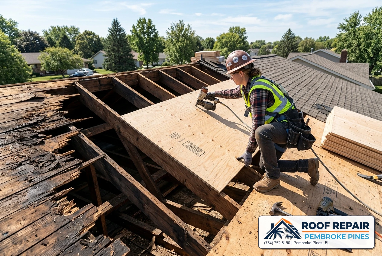 Roofer replacing rotted plywood roof deck sections on a residential home in Pembroke Pines FL