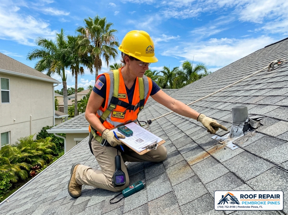 Professional roofer inspecting an active roof leak on a residential home in Pembroke Pines, FL