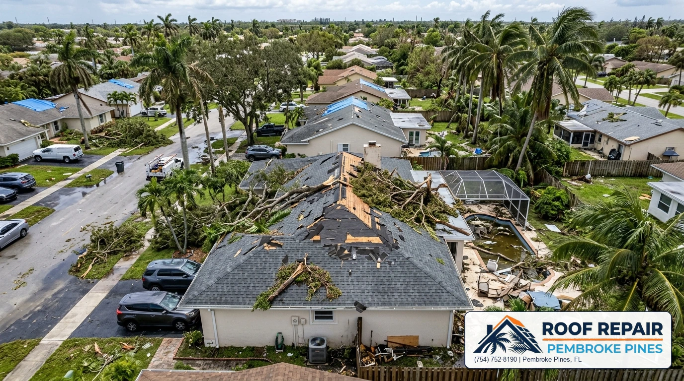 Storm-damaged residential roof with missing shingles and debris in a Pembroke Pines FL neighborhood