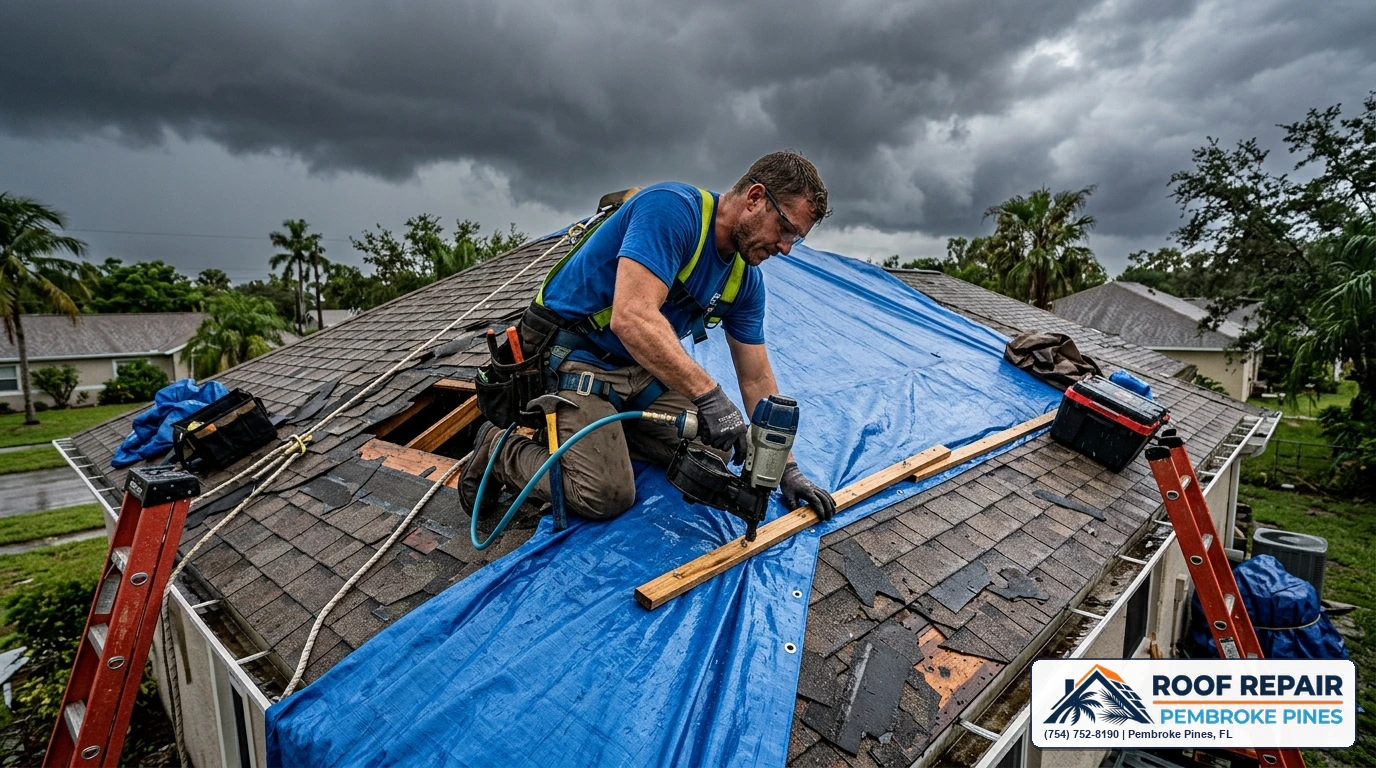 Temporary tarp protection on a damaged roof in Pembroke Pines FL awaiting permanent repair