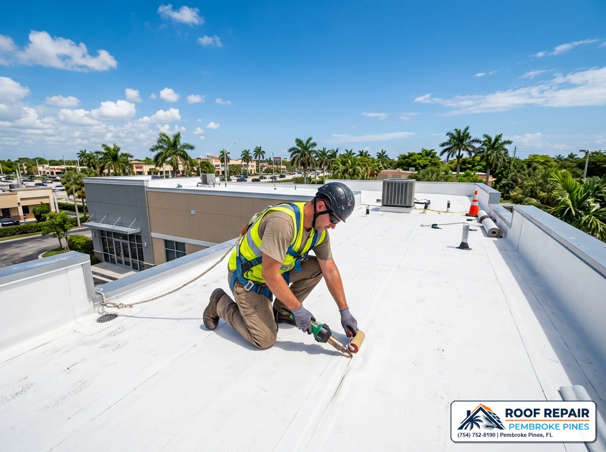 Flat roof membrane seam repair in progress on a commercial building in Pembroke Pines FL