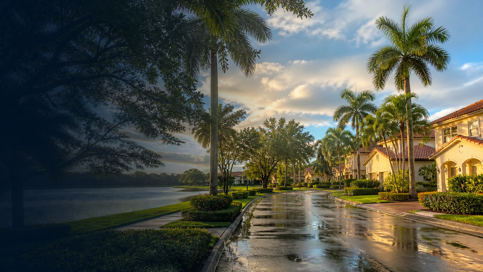Palm-lined Pembroke Pines residential lakefront after rain