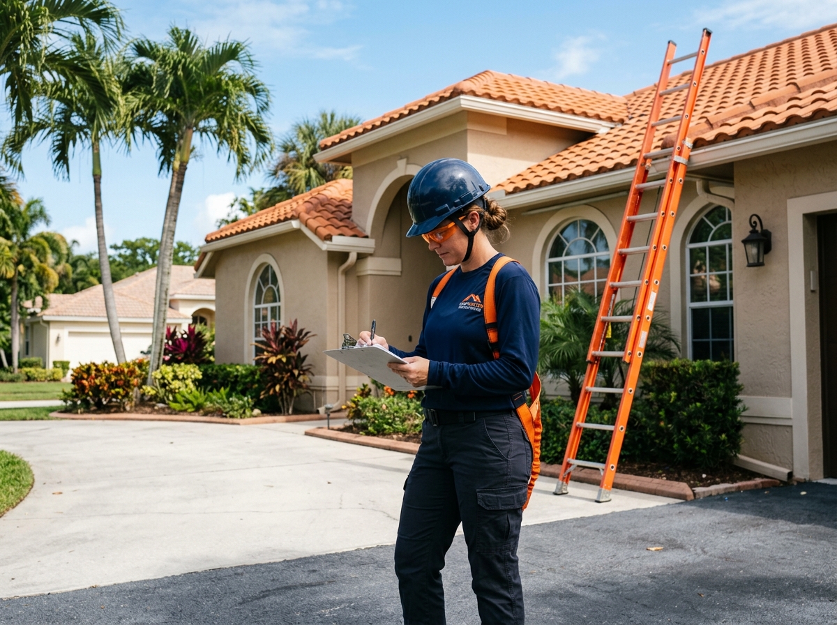 Professional roofer conducting a systematic evaluation of tile and shingle roof sections on a Davie Florida residential property