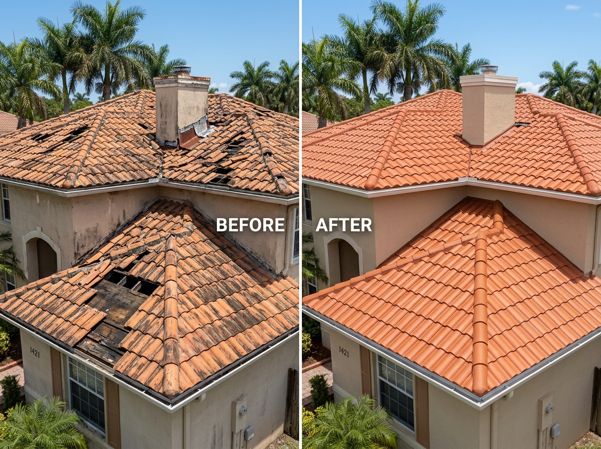 Before and after roof repair restoration on Pembroke Pines FL tile roof