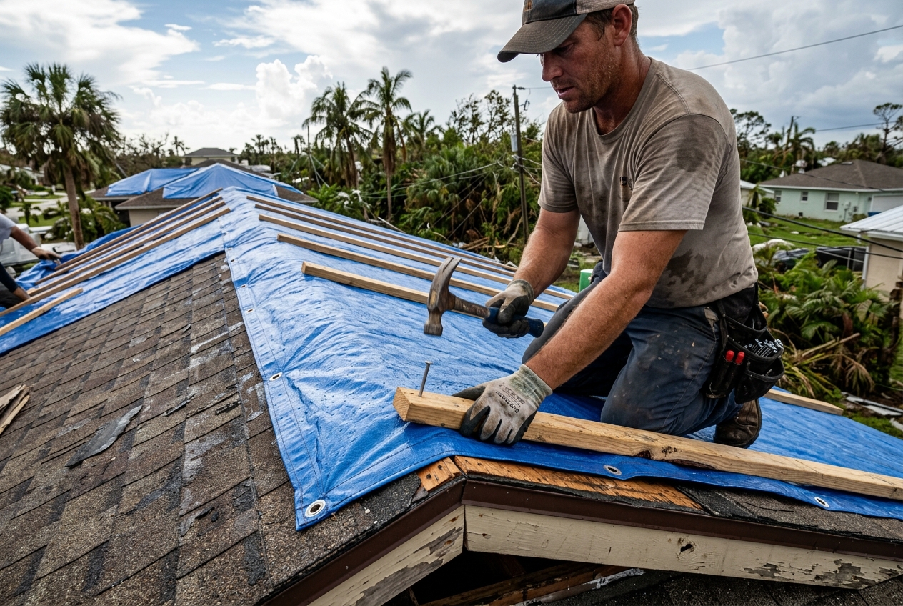 Temporary tarp protection on a damaged roof in Pembroke Pines FL awaiting permanent repair