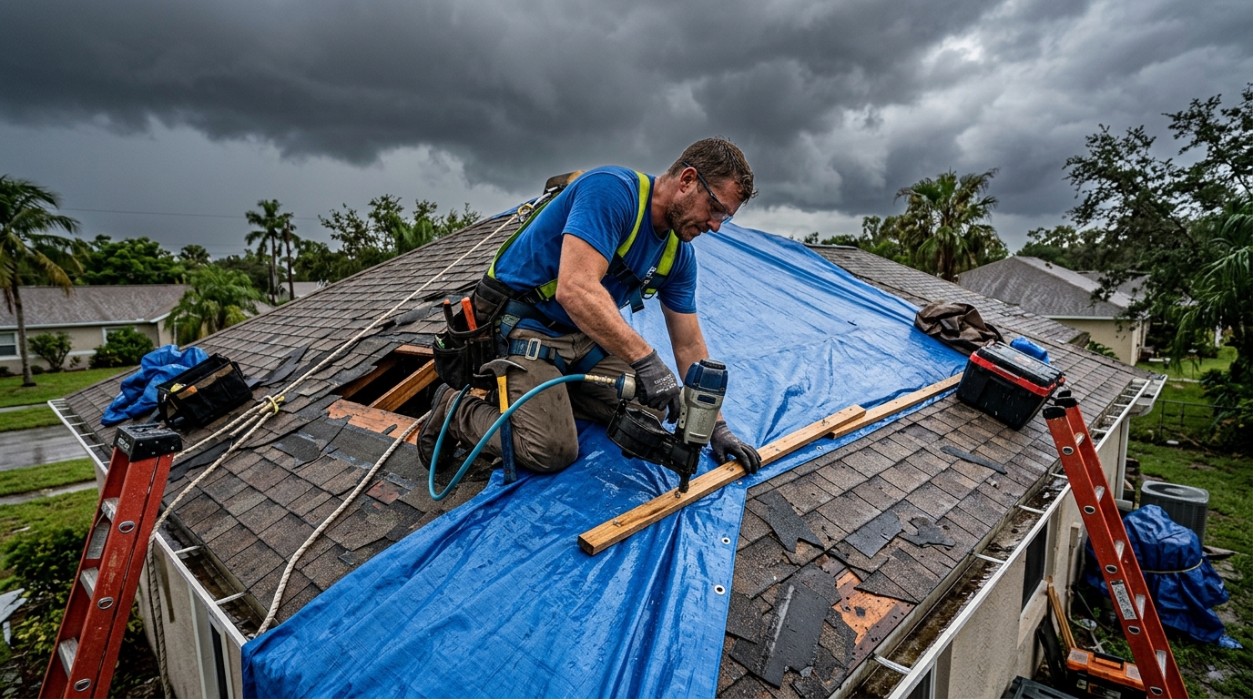 Emergency roof tarping and stabilization on a damaged Pembroke Pines FL home after severe weather