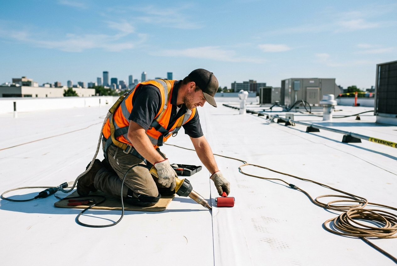 Flat roof membrane seam repair in progress on a commercial building in Pembroke Pines FL