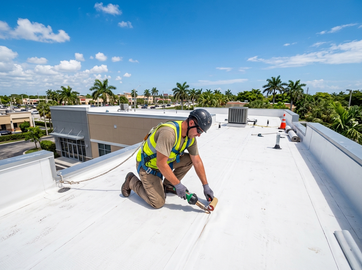 Professional roofer inspecting a flat TPO membrane roof with tools in Pembroke Pines FL