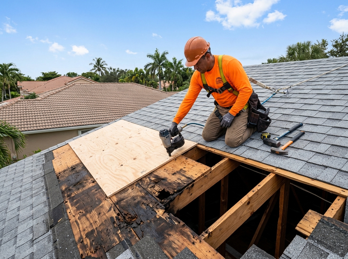 Roofer replacing rotted plywood roof deck sections on a residential home in Pembroke Pines FL