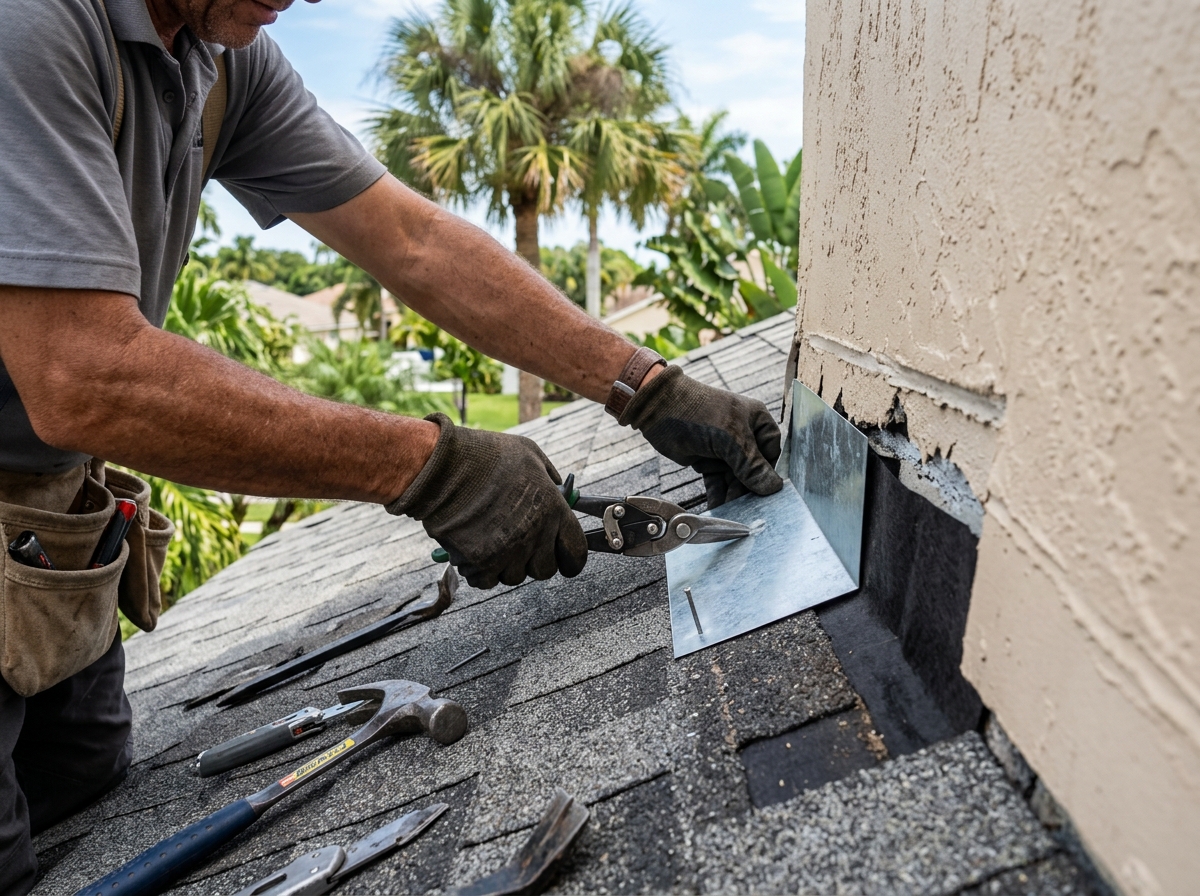 Step flashing installation at a roof-to-wall transition on a Pembroke Pines FL home