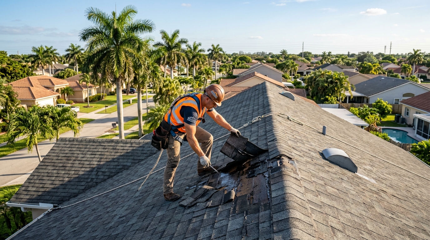 Professional roofer inspecting an active roof leak on a residential home in Pembroke Pines, FL