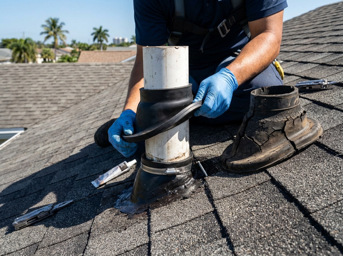Close-up of a deteriorated rubber pipe boot being replaced on a residential roof in Pembroke Pines FL