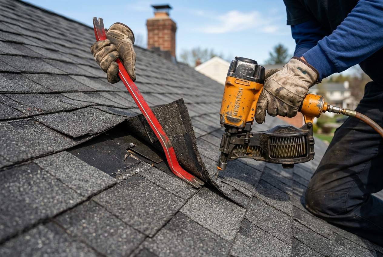 Close-up of curling asphalt shingles needing repair on a Pembroke Pines FL residential roof
