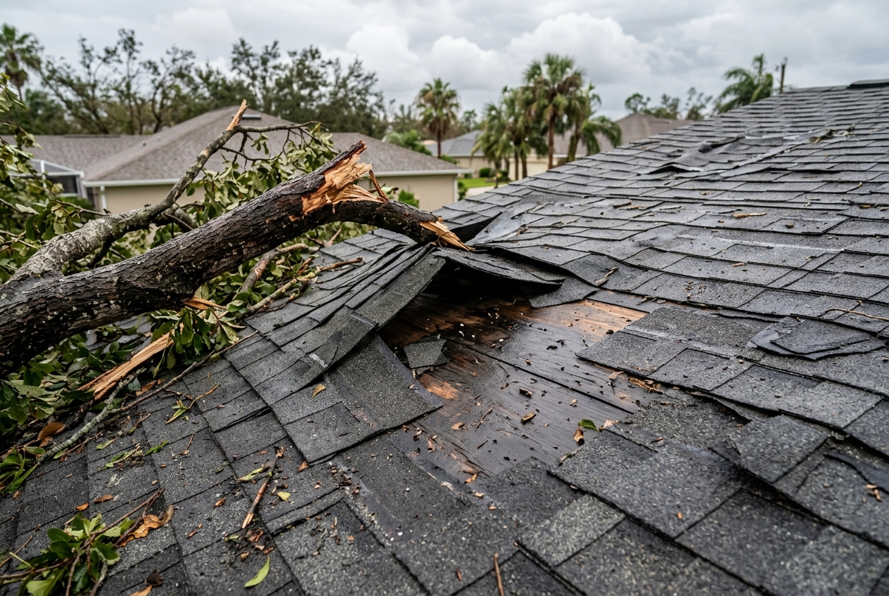Close-up of wind-damaged roof shingles being inspected in Pembroke Pines FL after a storm