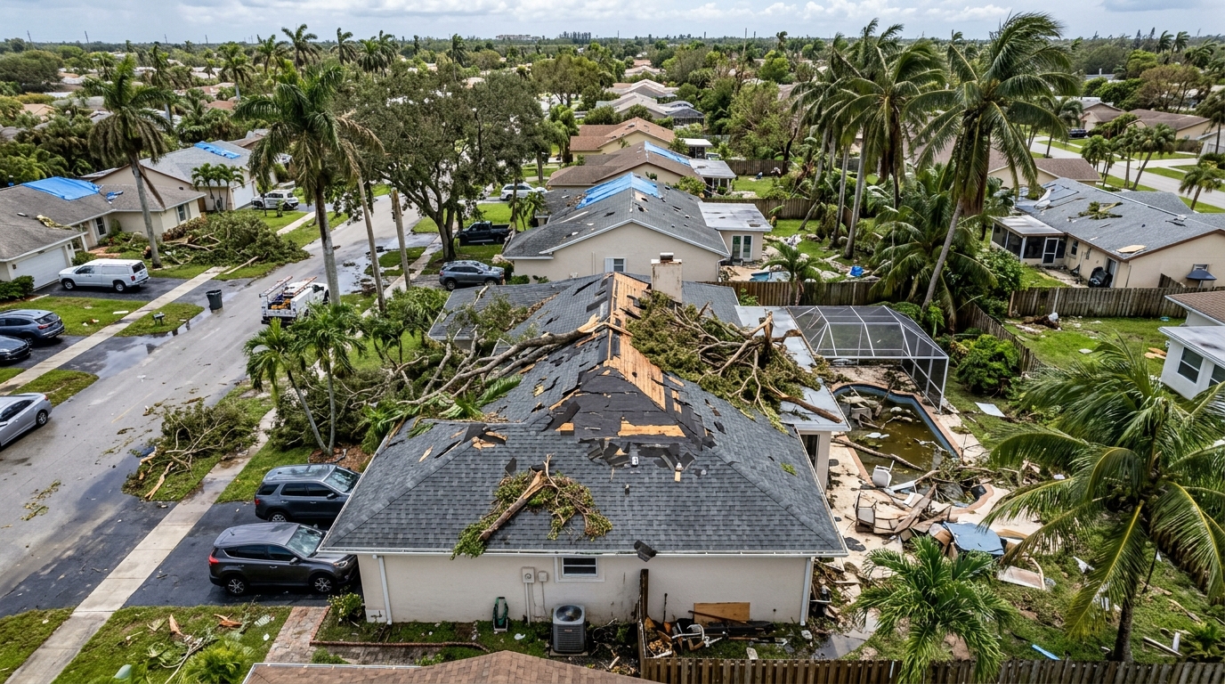 Storm-damaged residential roof with missing shingles and debris in a Pembroke Pines FL neighborhood