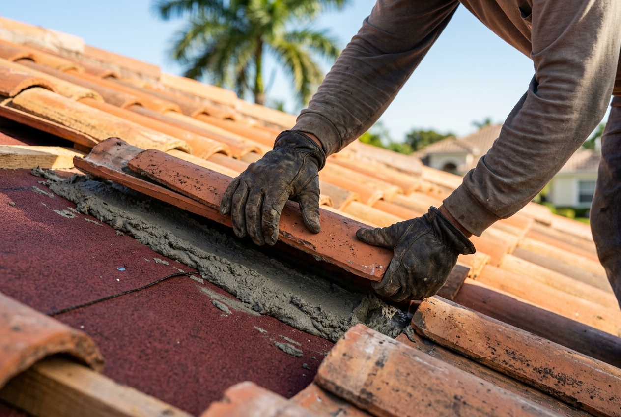 Tile roof system showing underlayment inspection during repair in Pembroke Pines FL